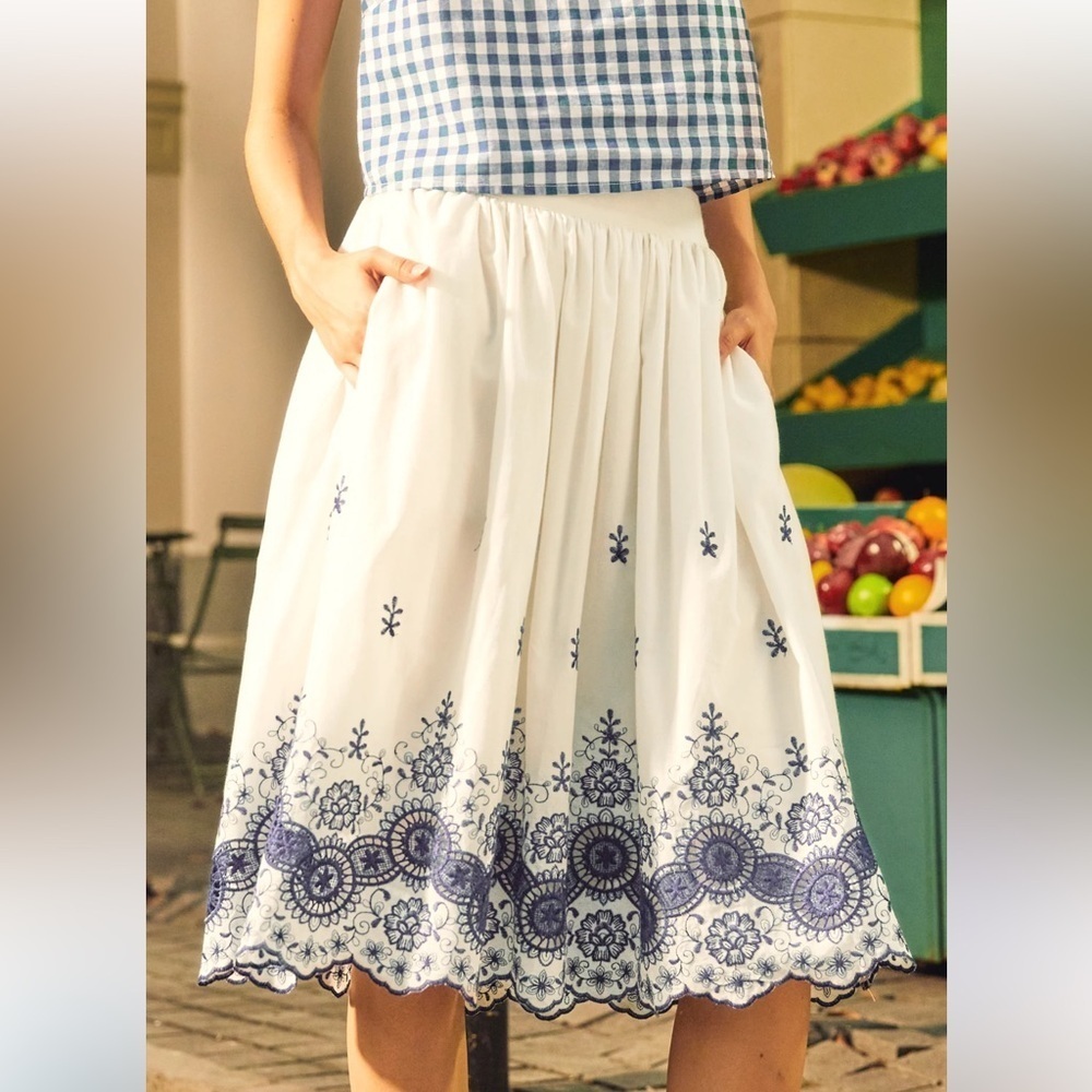 Modcloth White Skirt with Blue Embroidery